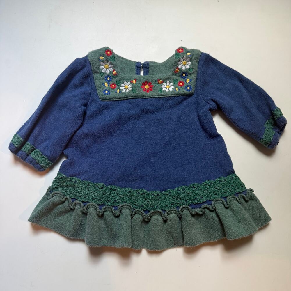 Hanna Andersson Blue & Green Embroidered Floral Ruffle Dress